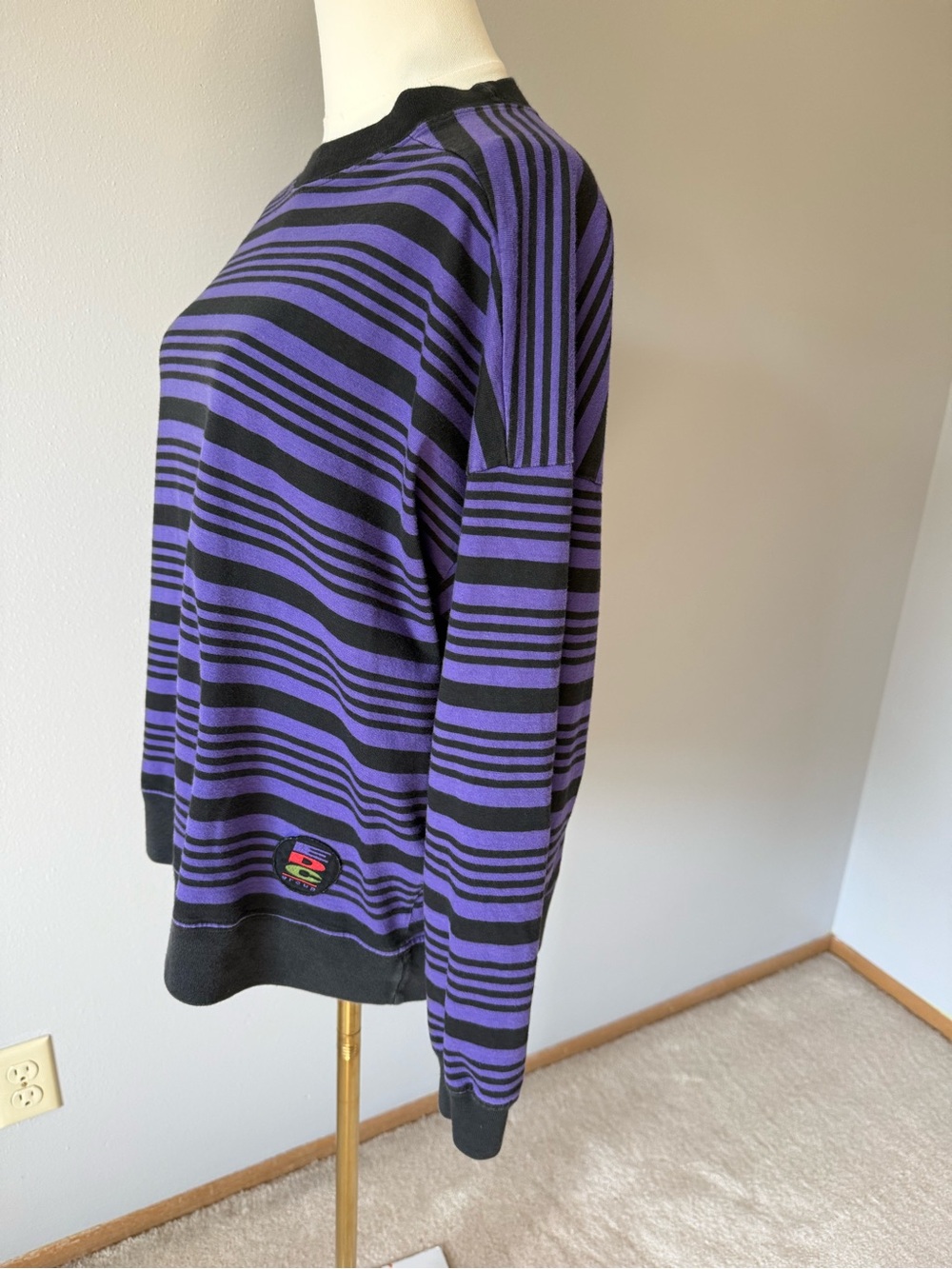 Esprit Women’s Unisex Vintage Black Purple Striped Crewneck Sweater Early 90s